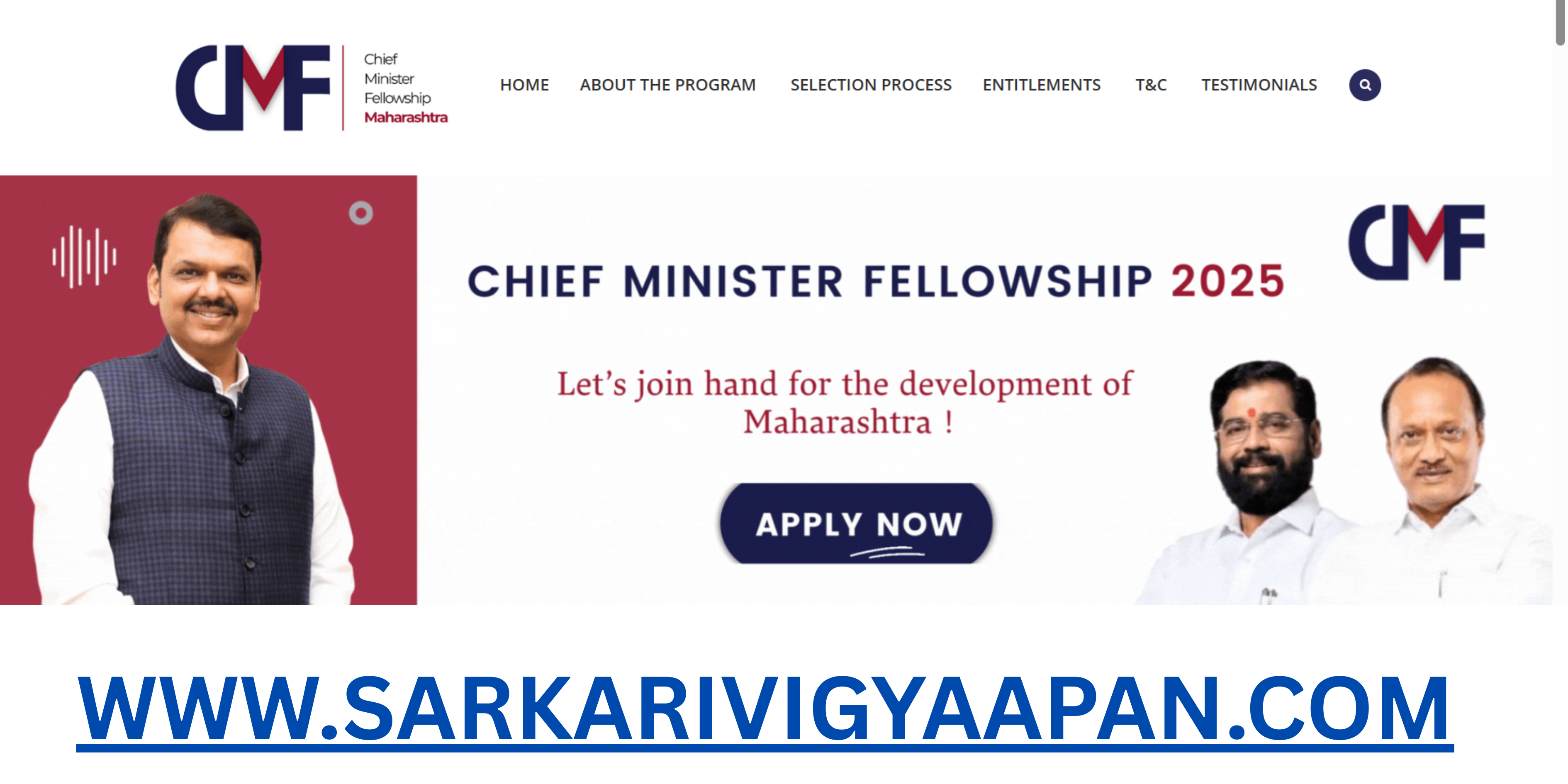 Chief Minister Fellowship CMF 2025 – Maharashtra Govt. | Apply Online 1 Banner of Chief Minister Fellowship 2025 Maharashtra featuring key political leaders with a call to action "Let's join hand for the development of Maharashtra" and an "Apply Now" button; the image also promotes www.sarkarivigyaapan.com as a trusted platform for government job updates
